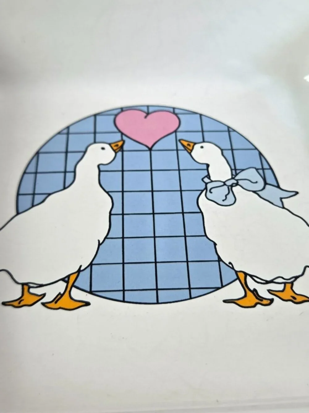 vintage stoneware square dish ducks with bows checkered background
